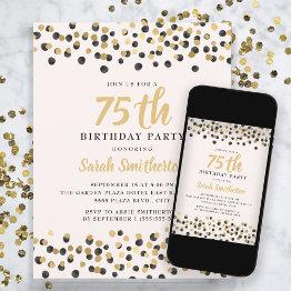 Small White Black Gold Confetti Glitter 75th Birthday Invitation Front View