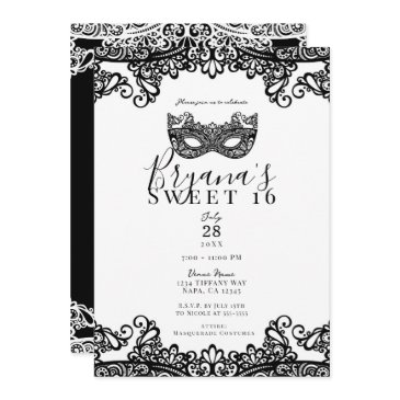 white & black lace masquerade sweet 16 party invitation