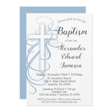 white blue swirl cross baptism invitation boys
