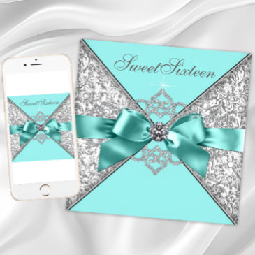 white diamonds teal blue sweet 16 birthday party invitation