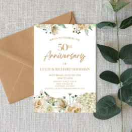 Small White Floral Flowers 50th Wedding Anniversary Invitation Front View