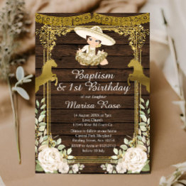 Small White Floral Gold Fiesta Girl Baptism Christening Invitation Front View