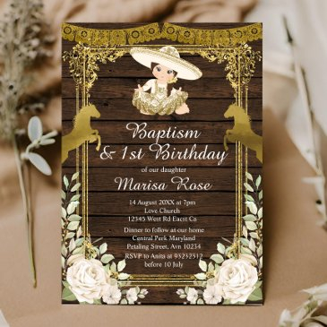 white floral gold fiesta girl baptism christening invitation