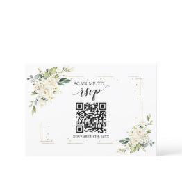 Small White Floral Gold Qr Code Add Your Url Wedding Rsvp Invitations Front View