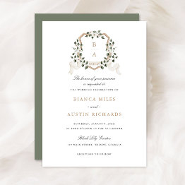 Small White Floral Greenery Ivy Monogram Crest Wedding Invitation Front View