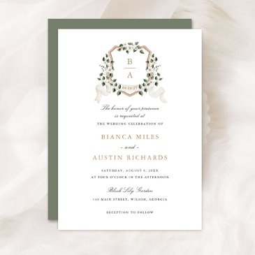 white floral greenery ivy monogram crest wedding invitation