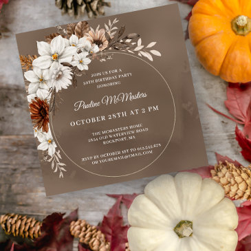 white floral neutral fall 30th birthday square invitation