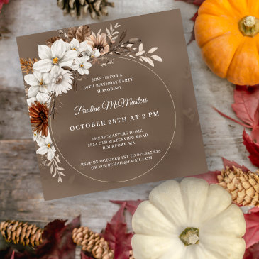 white floral neutral fall 50th birthday square invitation