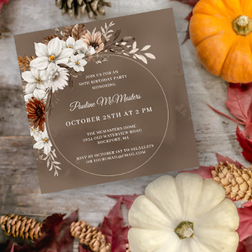 white floral neutral fall 80th birthday square invitation