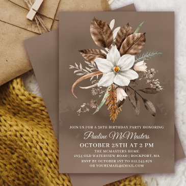 white floral neutral fall bouquet 30th birthday invitation