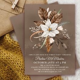 Small White Floral Neutral Fall Bouquet 80th Birthday Invitation Front View