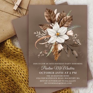 white floral neutral fall bouquet 80th birthday invitation