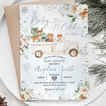 white floral silver snowflake truck baby shower invitation