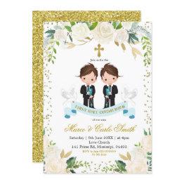 Small White Floral Twin Boy First Holy Communion Invitation Front View