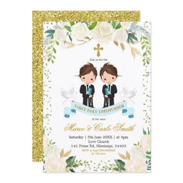white floral twin boy first holy communion invitation