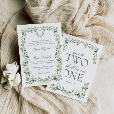 white floral watercolor crest catholic wedding invitation