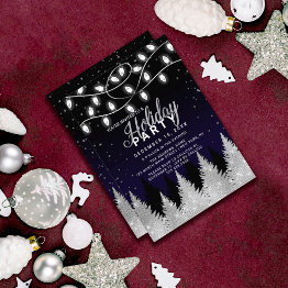Small White Glowing Lights Glitter Trees Holiday Party Invitation Front View