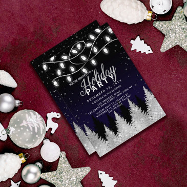 white glowing lights glitter trees holiday party invitation
