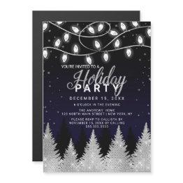 Small White Glowing Lights Glitter Trees Holiday Party Magnetic Invitation Front View