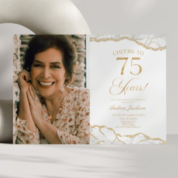 white gold agate picture 75th birthday party invitation