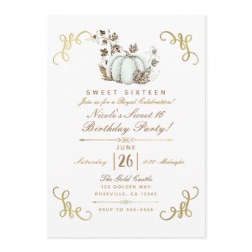 white & gold glitter pumpkin sweet 16 party invitation