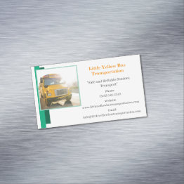 Small White Green Yellow School Bus Driver Business Invitations Magnet Front View