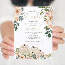 Small White Greenery Pumpkin Baby Shower Invitation Front View