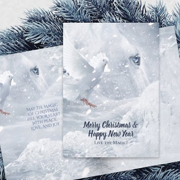 white horse & dove on ice, fairytale christmas - holiday invitations