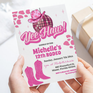 white hot pink space cowgirl yeehaw rodeo birthday invitation