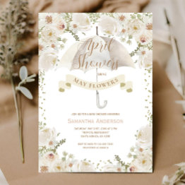 Small White Ivory Greenery Umbrella April Showers Invitation Front View
