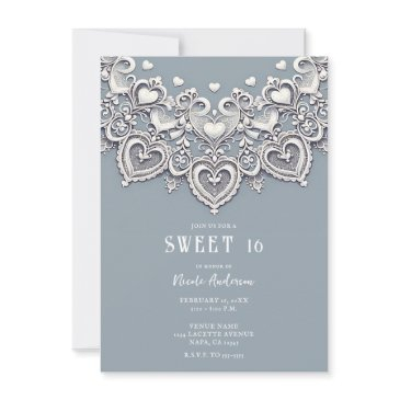 white lace hearts romantic charm sweet 16 invitation