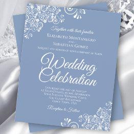 Small White Lace On Dusty Blue Budget Wedding Invitation Front View
