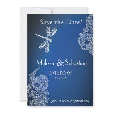white lace on royal blue dragonflies save the date