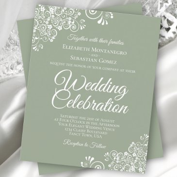 white lace on sage green budget wedding invitation