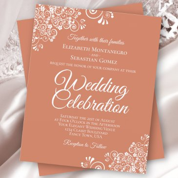 white lace on terracotta budget wedding invitation