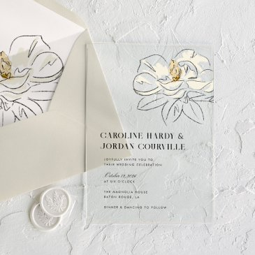 white magnolia illustration modern minimal wedding acrylic invitations