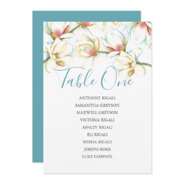 white magnolia wedding seating chart, table plan invitation
