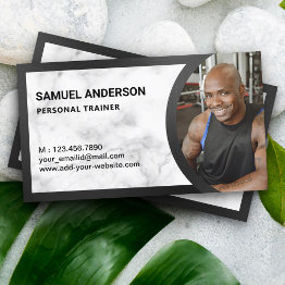 Small White Marble Fitness Personal Trainer Photo Business Invitations Front View