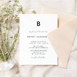 Small White Modern Script Monogram Wedding Invitation Front View