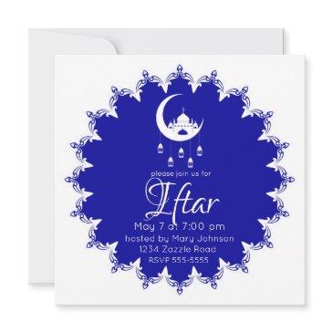 white mosque in crescent moon fanous ramadan, blue invitation