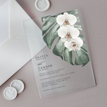 white orchids modern tropical wedding acrylic invitations