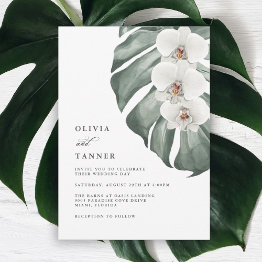 Small White Orchids On Monstera Tropical Wedding Invitation Front View