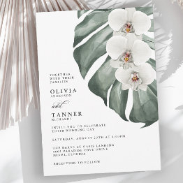 Small White Orchids On Monstera Tropical Wedding Invitation Front View
