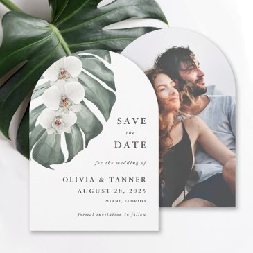white orchids tropical paradise save the date