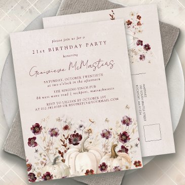white pumpkin burgundy wildflower 21st birthday invitation postinvitations