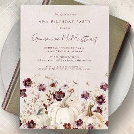 Small White Pumpkin Burgundy Wildflower 60th Birthday Invitation Front View