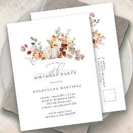 Small White Pumpkin Fall Flowers 80th Birthday Party Invitation Postinvitations Front View