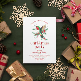 Small White Red Christmas Hummingbird Christmas Party Invitation Front View