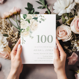 Small White Roses & Sage 100th Birthday Party Invitation Front View