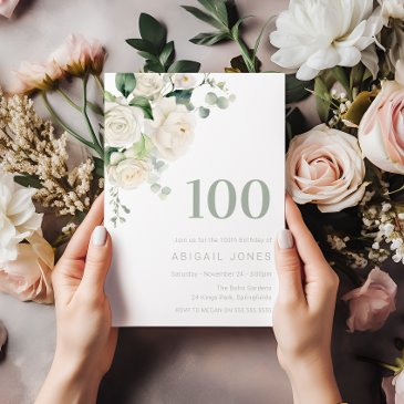 white roses & sage 100th birthday party invitation